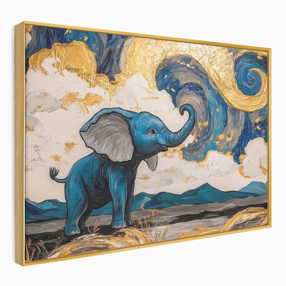 Tablou canvas cu tablou canvas cu elefant albastru, in rama de aluminiu auriu